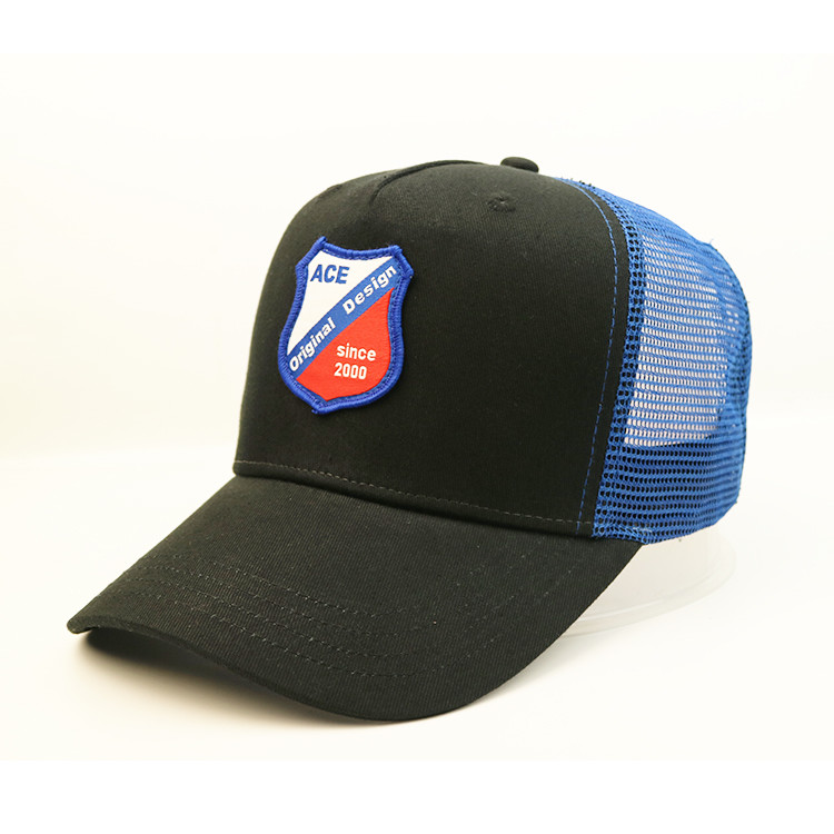 Customized Blank Woven Patch Trucker Cap 5 Panel Curved Long Bill