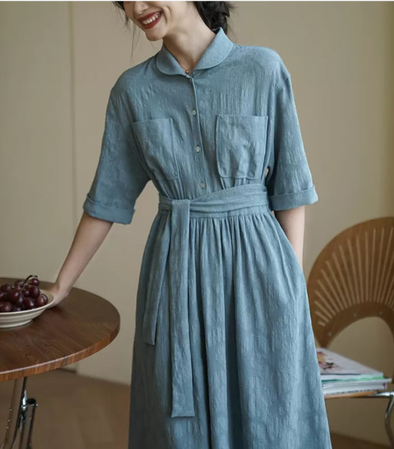 Light Blue 85% Cotton Linen Maxi Dress 15% Linen Woven Fabric Clothing
