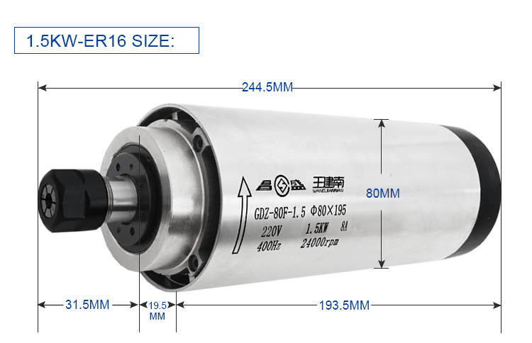 Inverter Drive 1.5KW Air Cooled Spindle Motor Round Type 24000rpm 400HZ for Woodworking Engraving and Milling