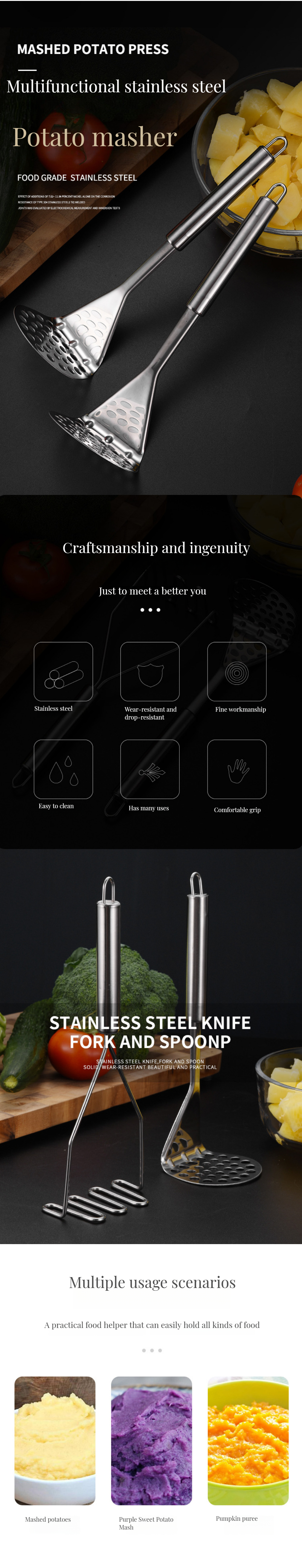 Fast Food Manual Stainless Steel and Bamboo Potato Puree Press for Baby Food Masher Undulating Kitchen Tool