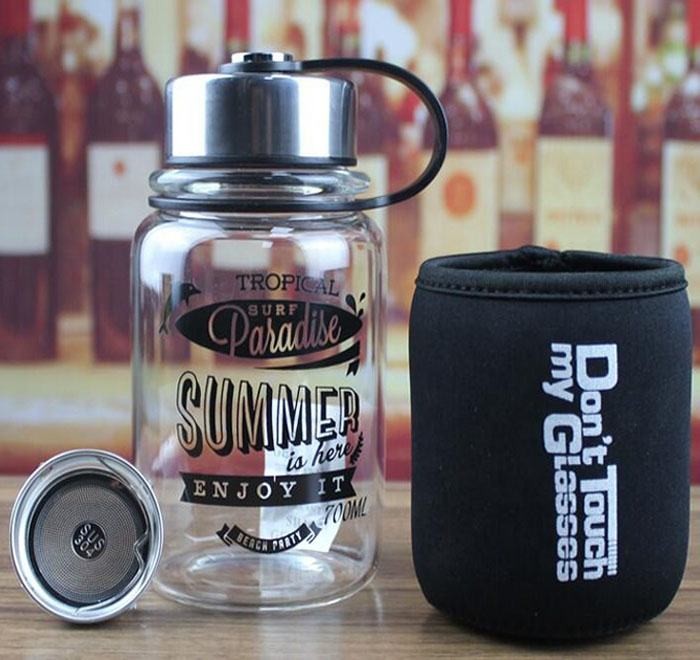 Big Size Sports Durable High Borosilicate 1 Liter Glass Water Bottle With Nylon Sleeve