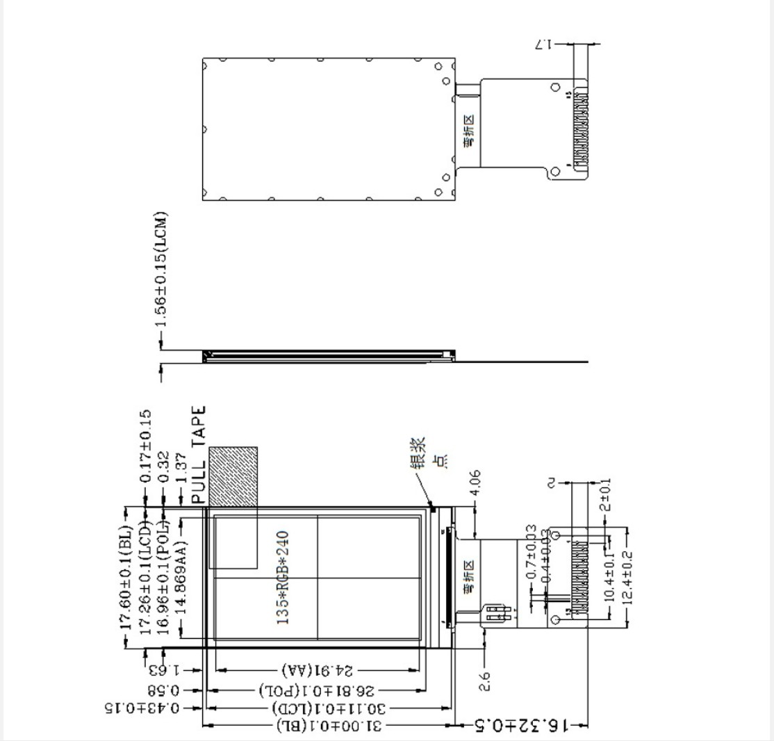 1.15 Inch TFT Display Module 135*240 Resolution 400c/d Free View Angle SPI Interface