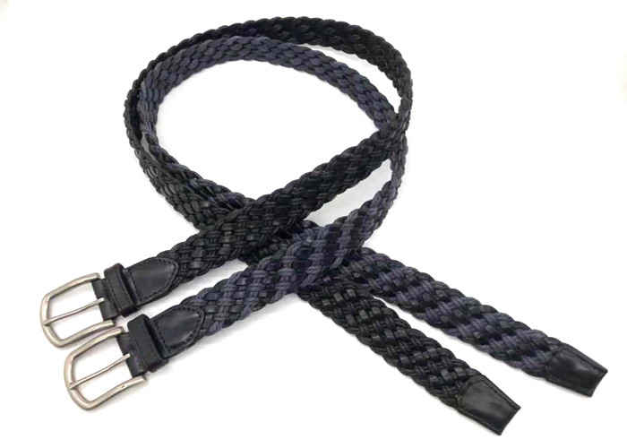 Woven Cotton & Leather Stretch Mens Belt, Black/Blue, 35MM Wide