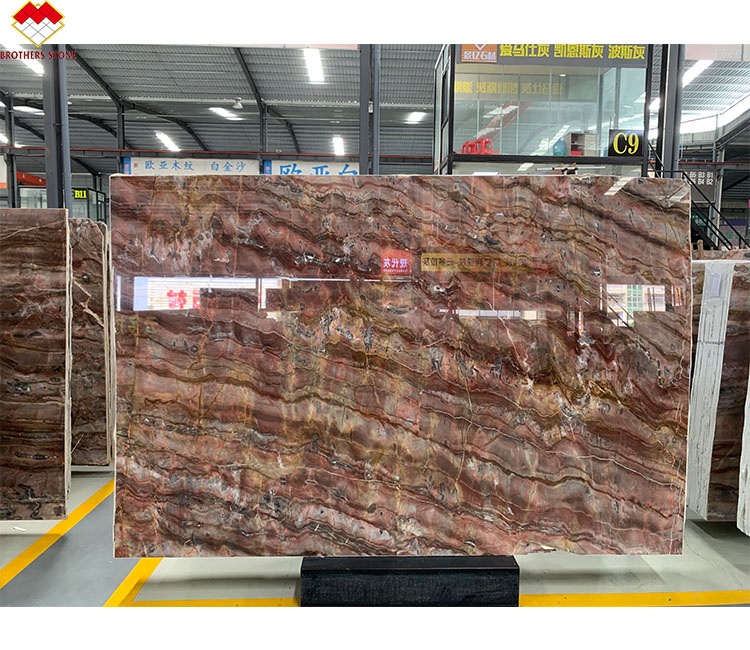 Book Match Translucent Blood-Orange Red Vein Onyx Marble Stone for Lavabo Decoration