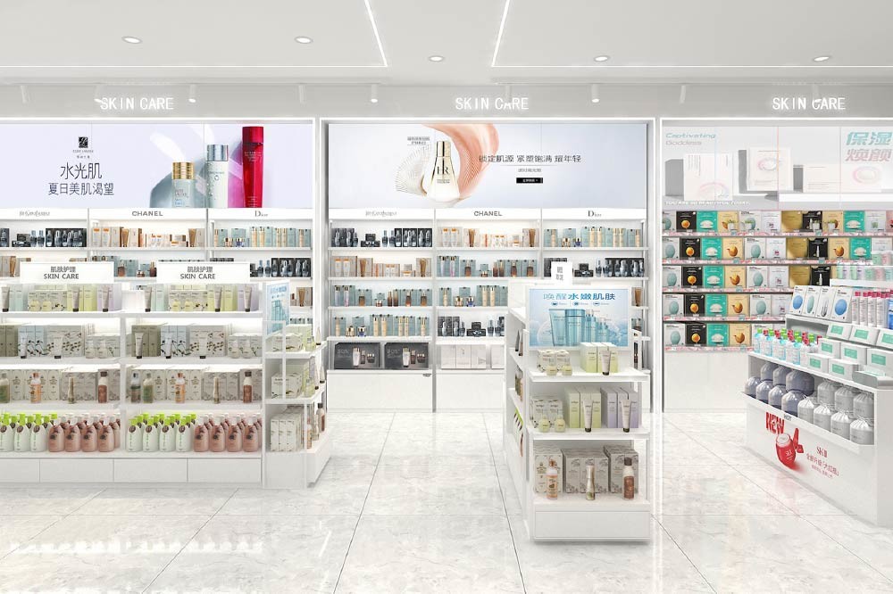 ZhMS-V10 T-Column with Adjustable Rods Skincare Display Cabinet for Airports