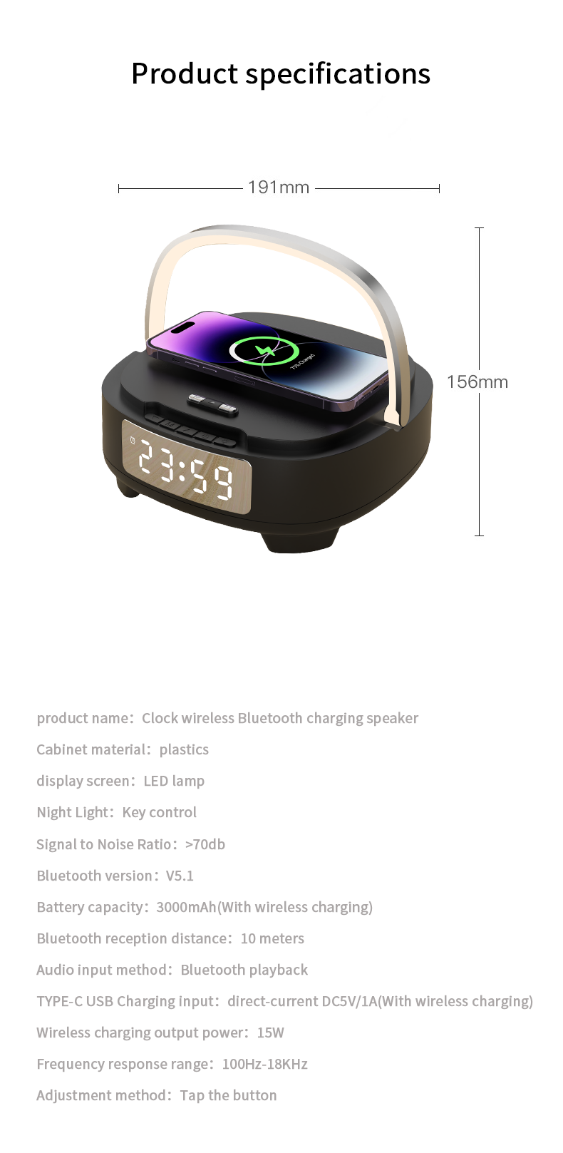 Wireless Fast Charger with Night Light Bluetooth Speaker and Alarm Clock 9V/2A Input