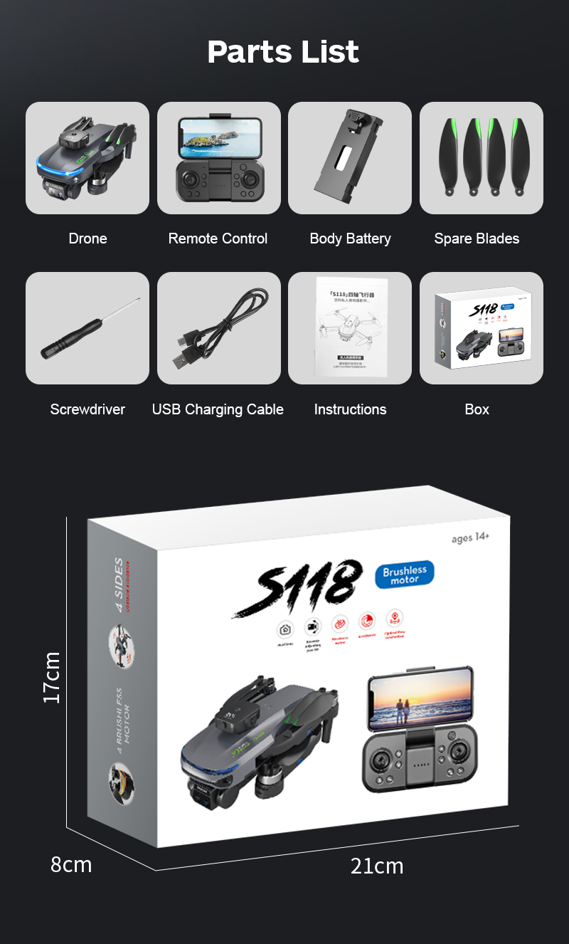 S118 Drone With 4k Dual Camera 5g Wifi 360 Obstacle Avoidance Fpv Brushless Motor Rc Quadcopter Mini Drone Professional