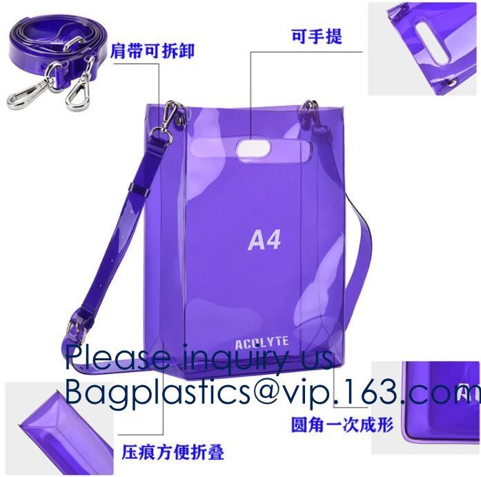 Waterproof All Over Printing PVC Coating Tote Shoulder Fabric Shopping Bag With Gusset And Lining,Jelly Clear Plastic PV
