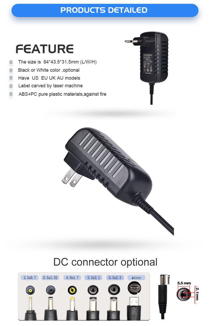 1000ma Universal 12V DC Power Adapter 12W Wall Mount Power Adapter