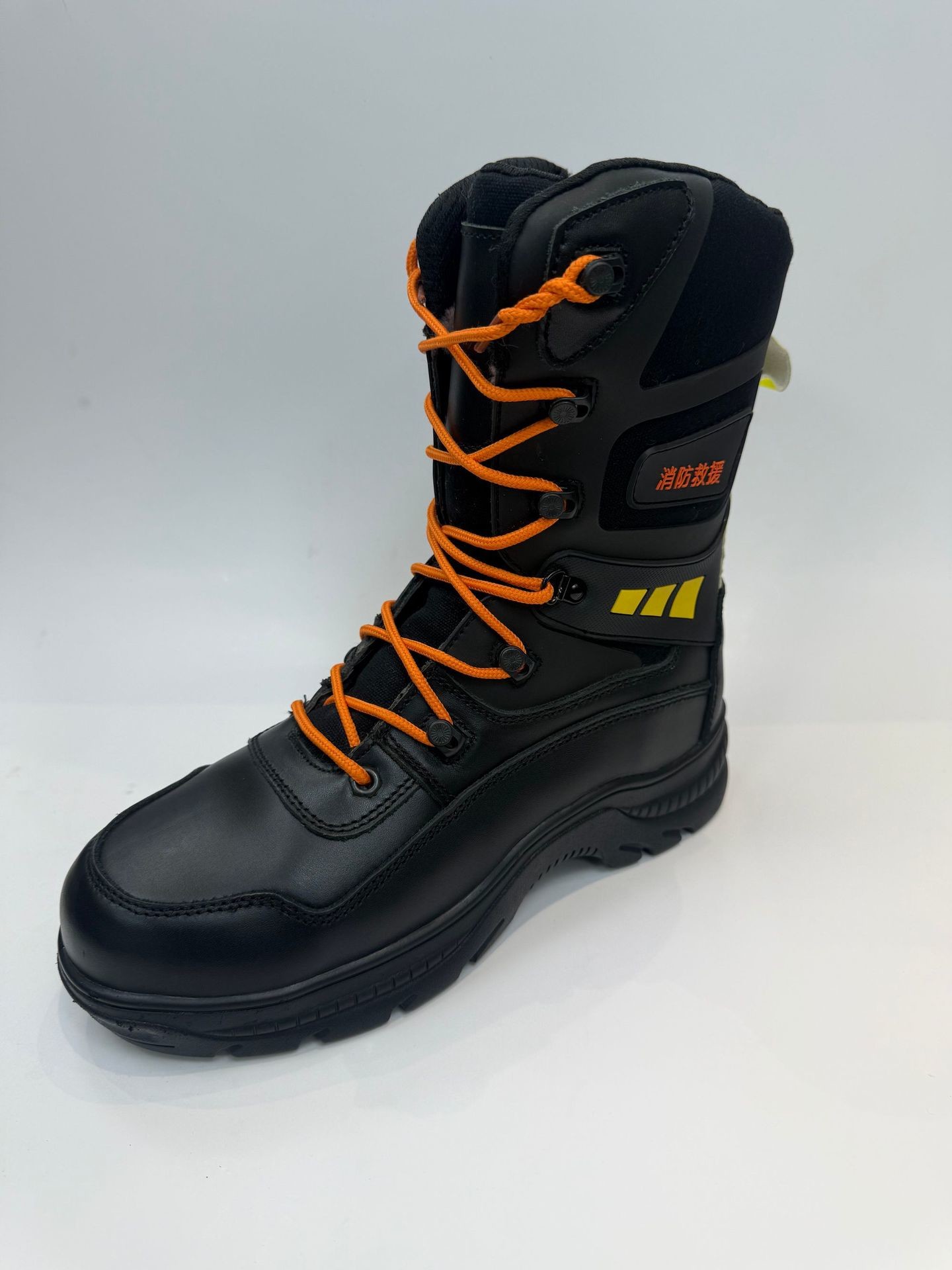 Black Cowhide Leather Work Firefighter Safety Boots Rubber Sole Steel Toe