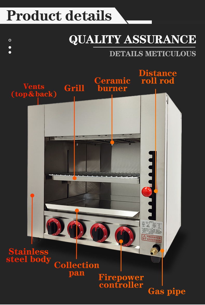 Stainless Steel Counter Top Gas Salamander Machine with 890*320*380mm Internal Size