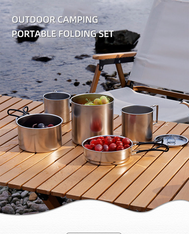 New Arrival 7 Pcs 304 Stainless Steel Camping Cookware Set Multi-person Soup Pot Set Outdoor Cooking Pot Set For Hiking