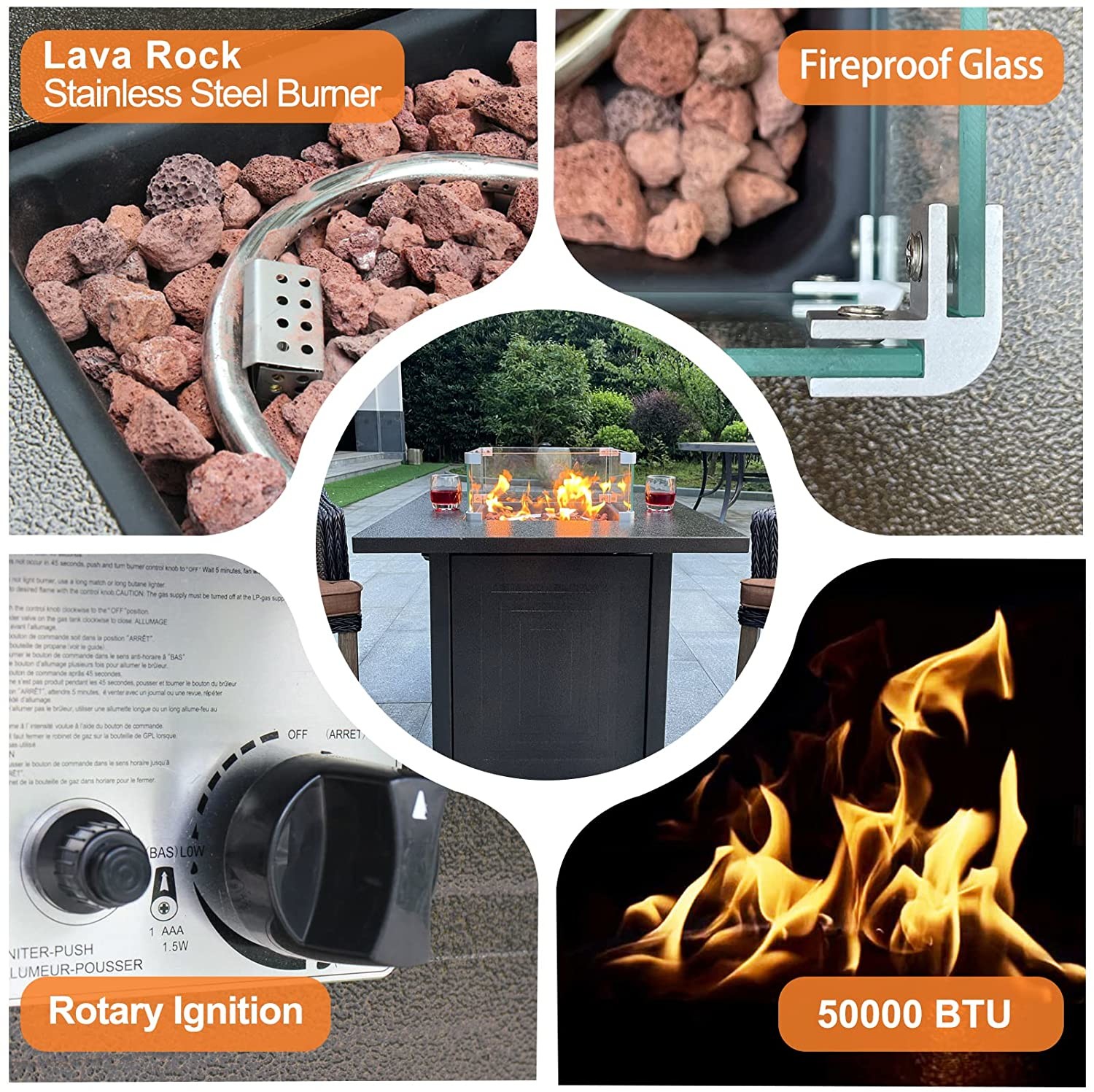 Outdoor Propane Gas Fire Bench Gas Square Fire Pit Coffee Brown Square