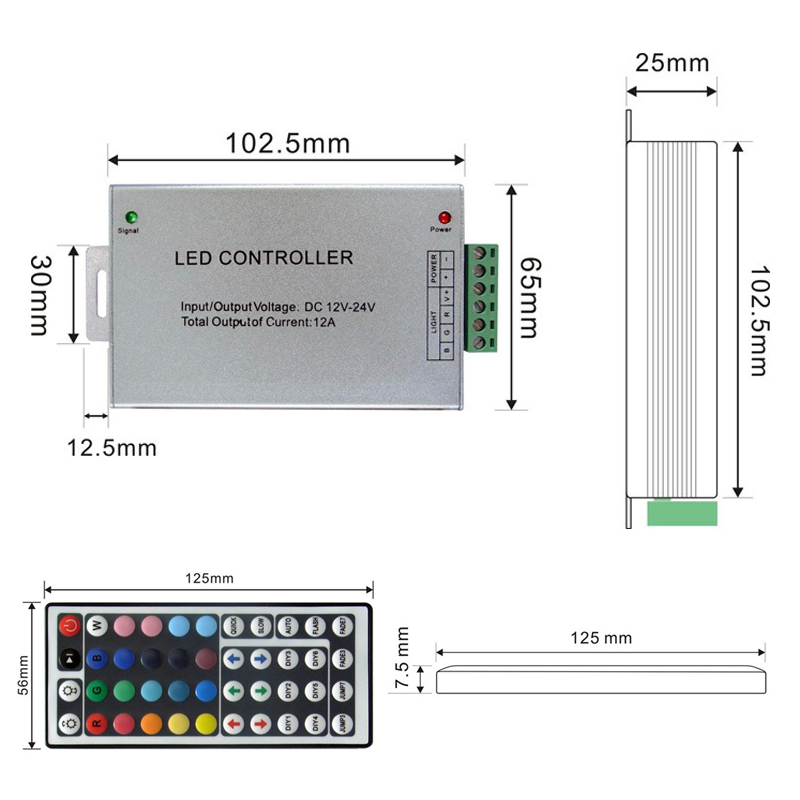 Aluminum Case 44 Key RGB LED Controller 12A 24A For RGB Strip Light