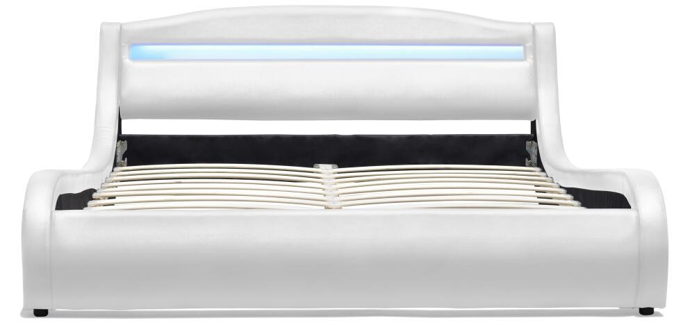 Double White LED Upholstered Bed Frame With Lights Small Leather Padded Sleigh Bed