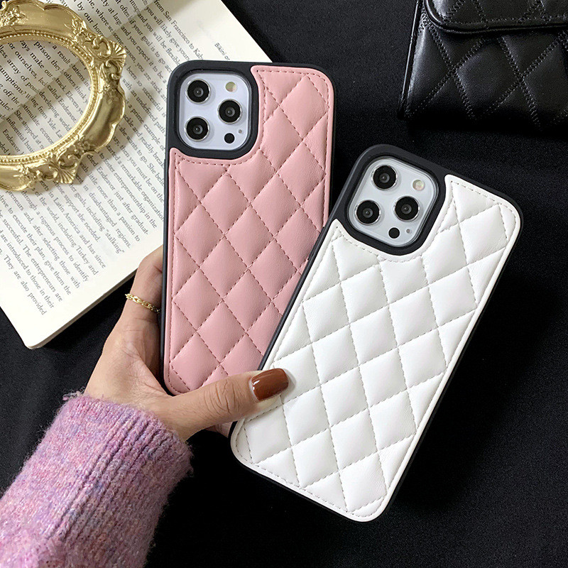PU Leather Designer Cell Phone Cases Stitched Grill Pattern Camera Protection