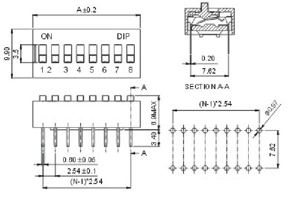 DIP Switch Contact DSC-001 Pin pitch: 2.54mm*7.62mm