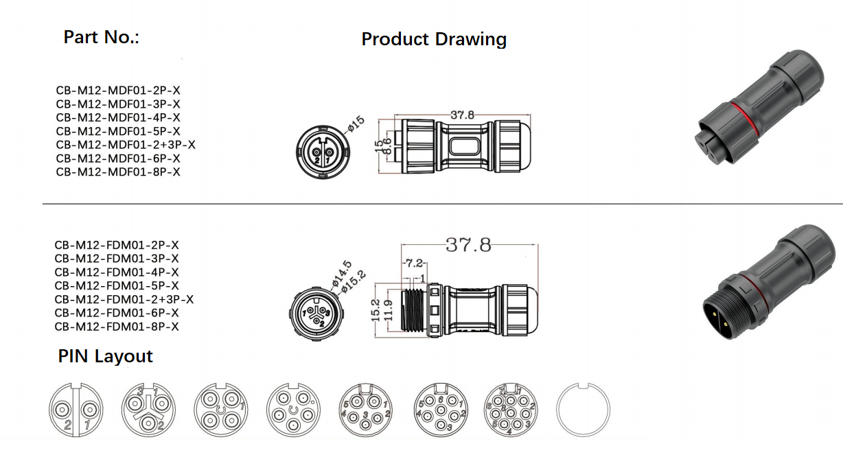 M12 Thread butt type waterproof connector drawing details