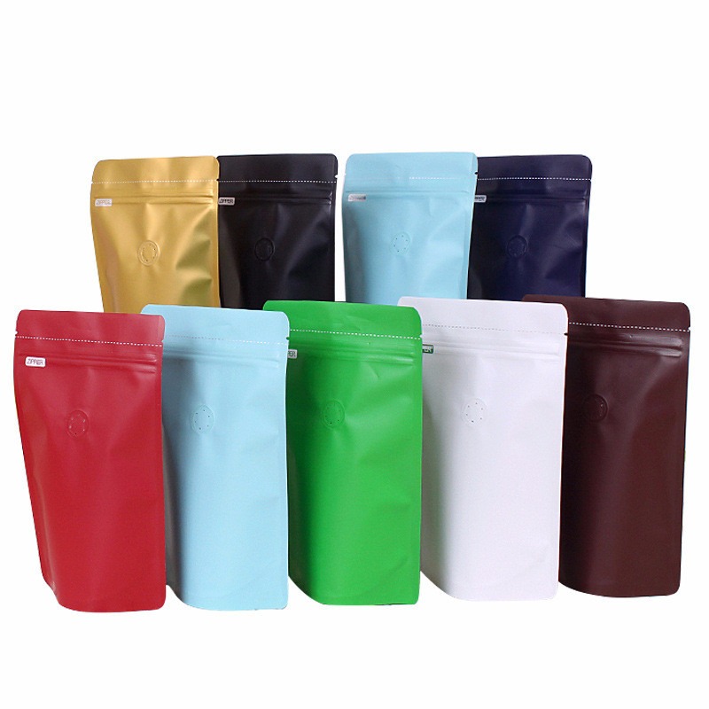 Custom Resealable Aluminium Foil Lined Ziplock Stand Up Coffee Pouches with One Way Valve