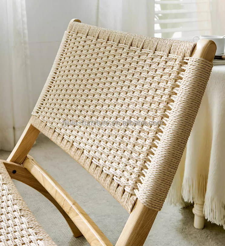 Hotel Living Room Furniture Nordic Style Solid Wood Leisure Chair with Woven Cord and Foldable Design