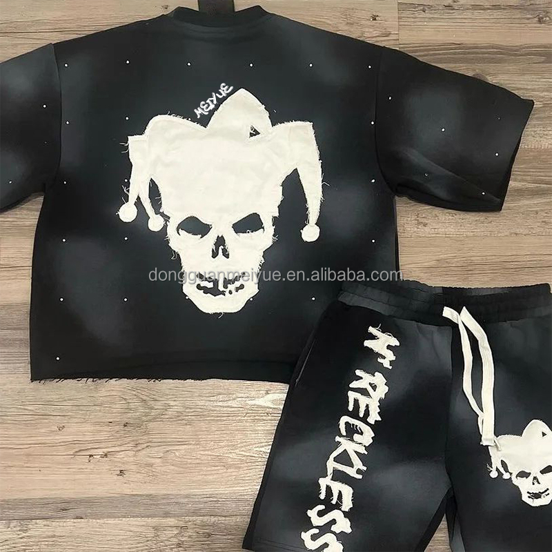 Summer Applique Embroidered Distressed Patch Hoodie Acid Wash Vintage Tshirt Shorts Set 2 Piece Short Set for Men Custom Logo