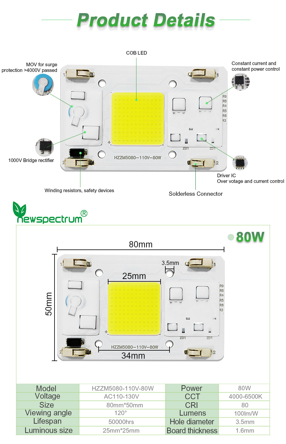 No Need Driver COB LED Grow Chip Size 50mm For Flower Seedling Plant Light