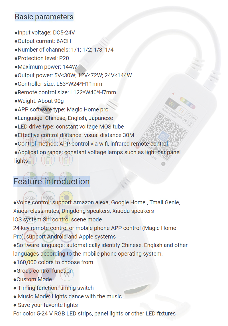 24 Keys LED Strip Smart Controller IR Remote Wifi Control For RGB Strip Light
