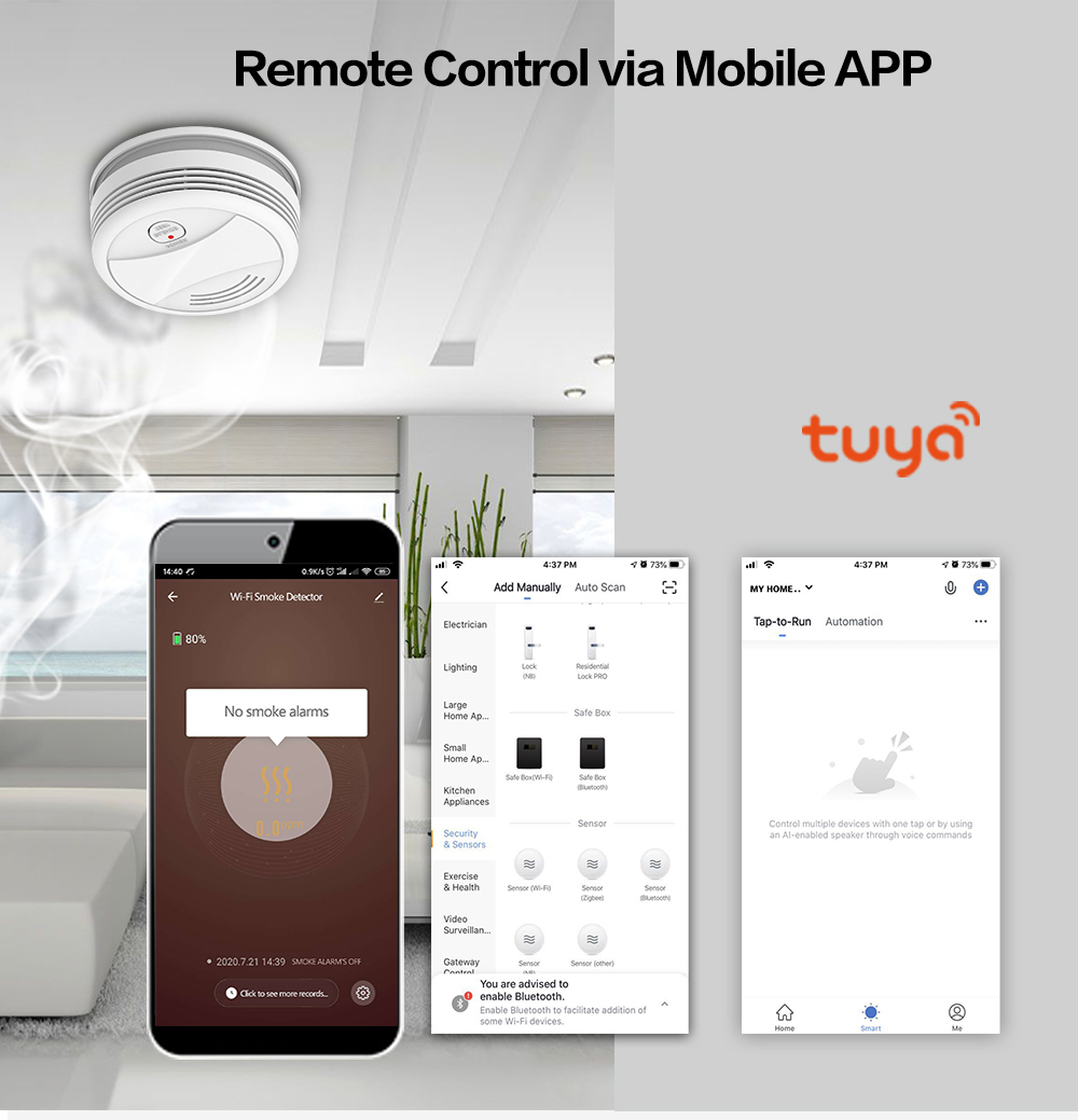 Tuya Smart Home Energy-saving Battery Power Supply Mobile App Push Wifi Smoke Detector