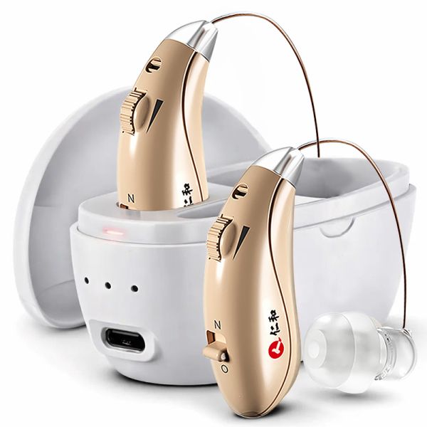 Noise-canceling hearing aids, rechargeable, single pack, designed specifically for people with hearing impairments.