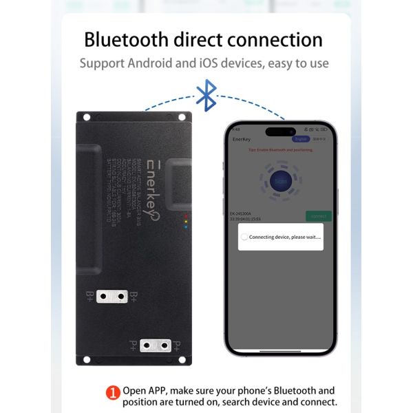 Enerkey 16S-24S 250A Lifepo4 BMS with 8A Active Balancer and BT/CAN Bus/RS485 for Li-ion/LTO/SIB Battery Power Cabinet