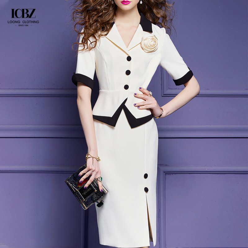 Women's Long Vintage Black and White Two-Piece Skirt Pant Coat Suit for Formal Office