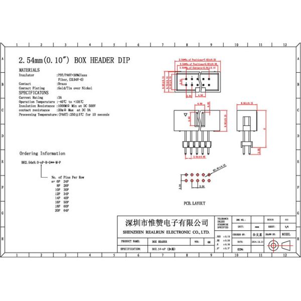 Brass Contact 18 Pin Header 2.54mm Straight Header Connector For PCB Board
