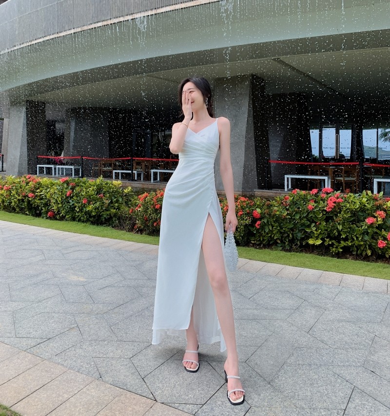 White Split Suspender Long Womens Vacation Dresses Sexy Halter Low Cut V Neck