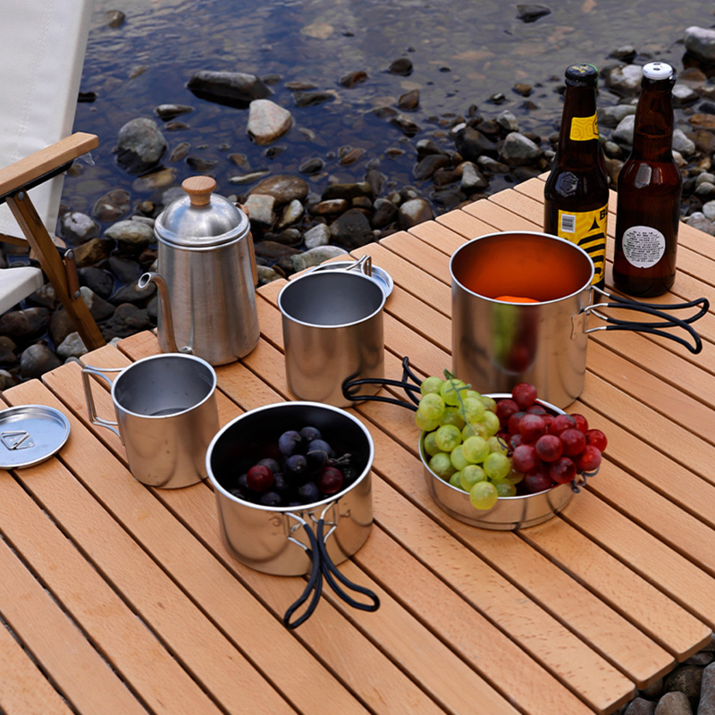 New Arrival 7 Pcs 304 Stainless Steel Camping Cookware Set Multi-person Soup Pot Set Outdoor Cooking Pot Set For Hiking