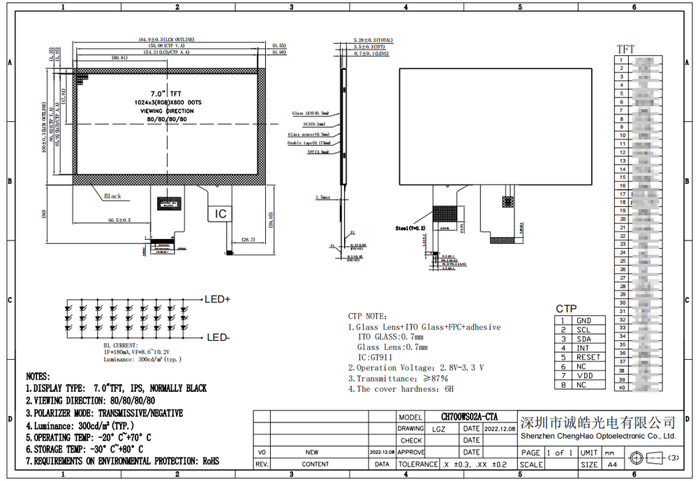 7 Inch IPS Lcd Display 40 Pins 1024*600 With 80/80/80/80 Free Viewing Direction