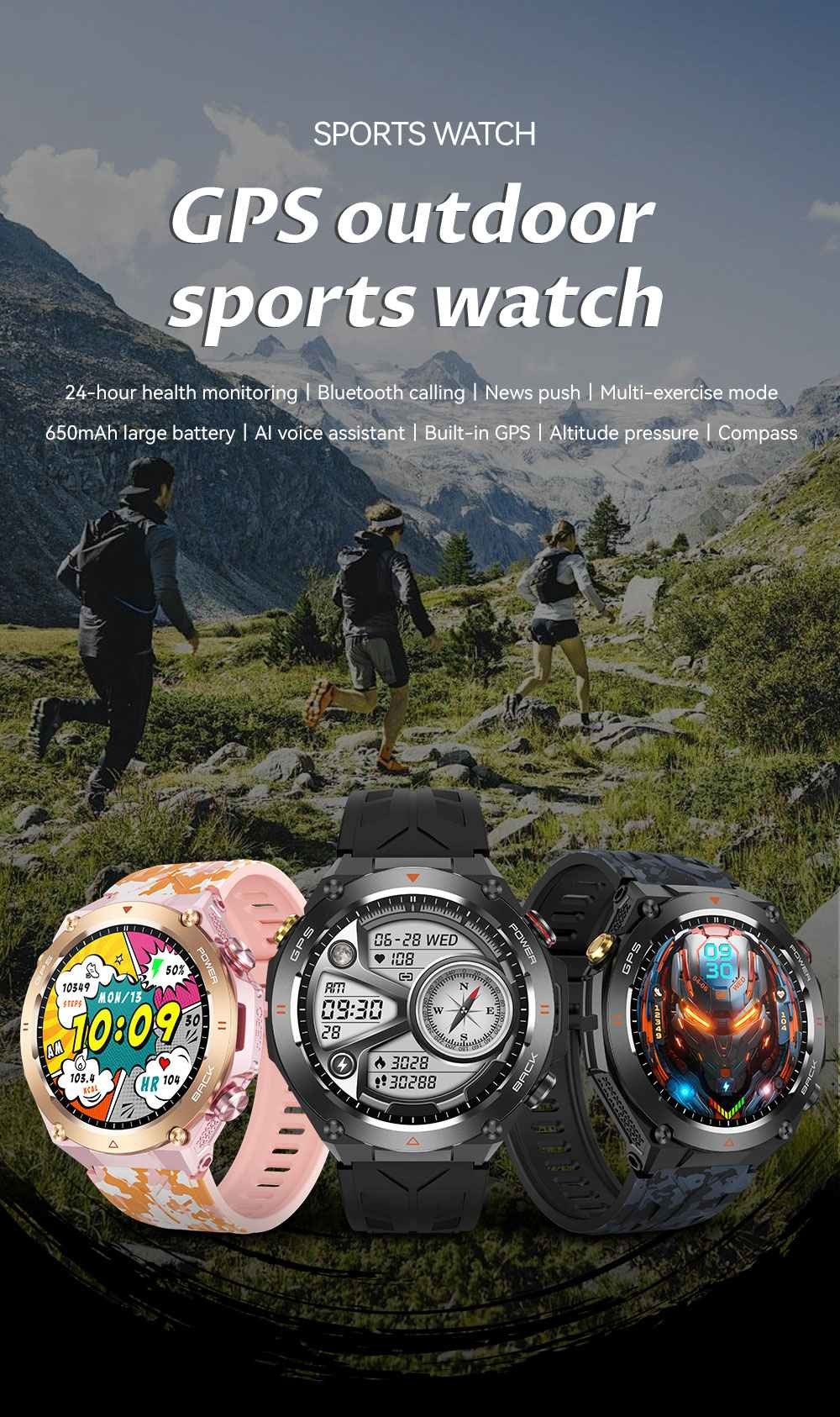 KC82 Sport Smart Watch 1.45 inch Screen Compass GPS Tracker 650mAh Battery For Men