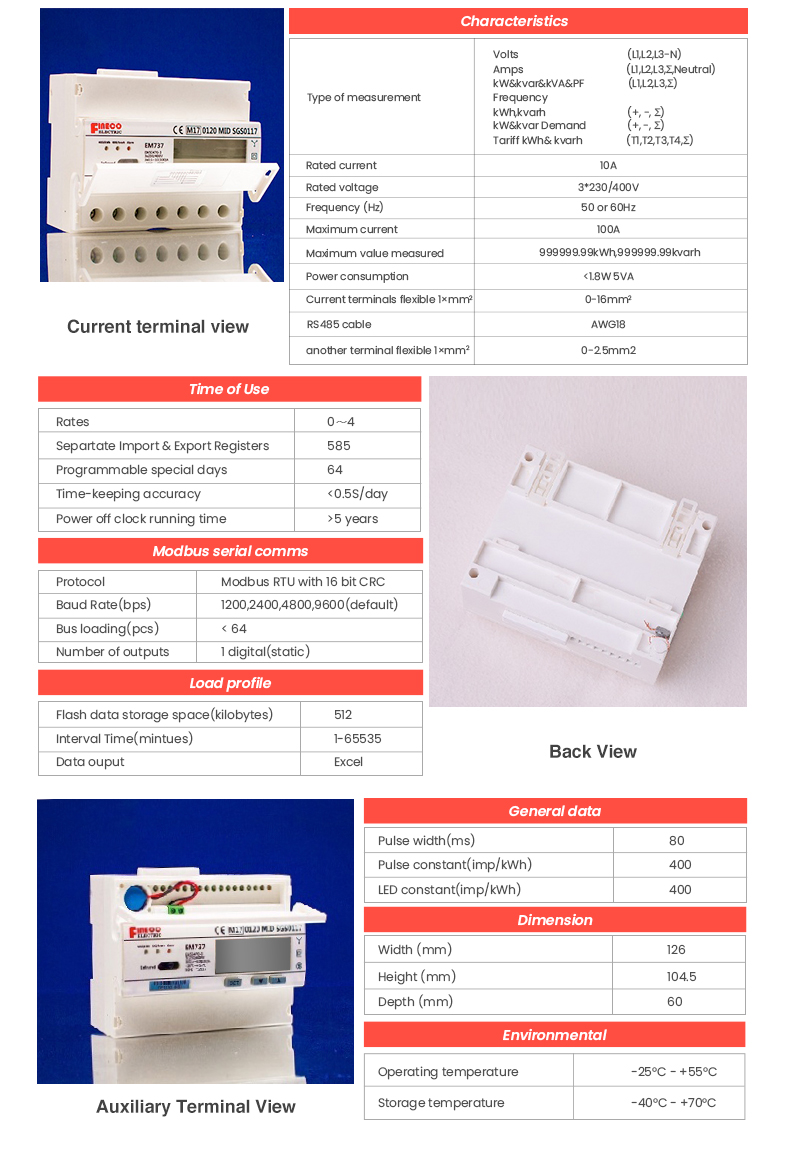 EM737 10 100 A Digital Only Display Type MID 0120/SGS0146 3 Phase Electronic Energy Meter