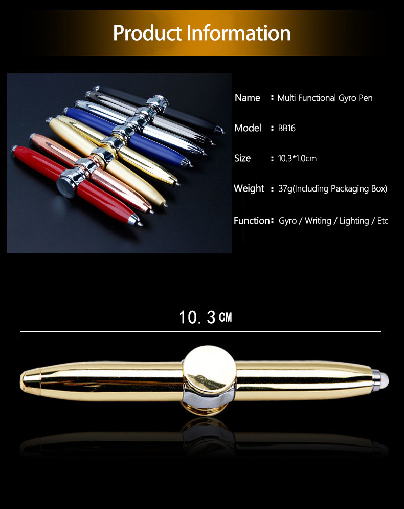 Metal 3 In 1 Ballpoint Pen Multifunction LED Fidget Spinner Finger Gyro Rotating