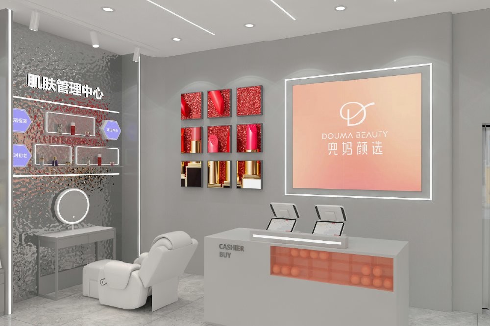 GDR08-SP02 Cosmetic Display Shelf with Gray Velvet Headband Cylinders and Efficient Storage for Cosmetics Retail Stores