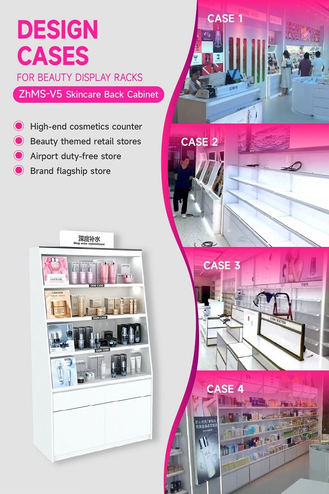 ZhMS-V5 Power Track Skincare Display Cabinet with LED Strip Lights and Black Paint