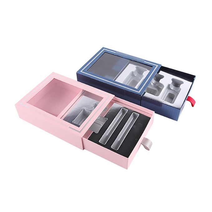 CMYK Color Clear Window Perfume Gift Boxes Sliding Drawer With Satin Puller