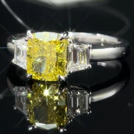 1.22ct Lab Grown Diamond Ring With Yellow Diamond Three Stone Style Custom-Made Jewelry