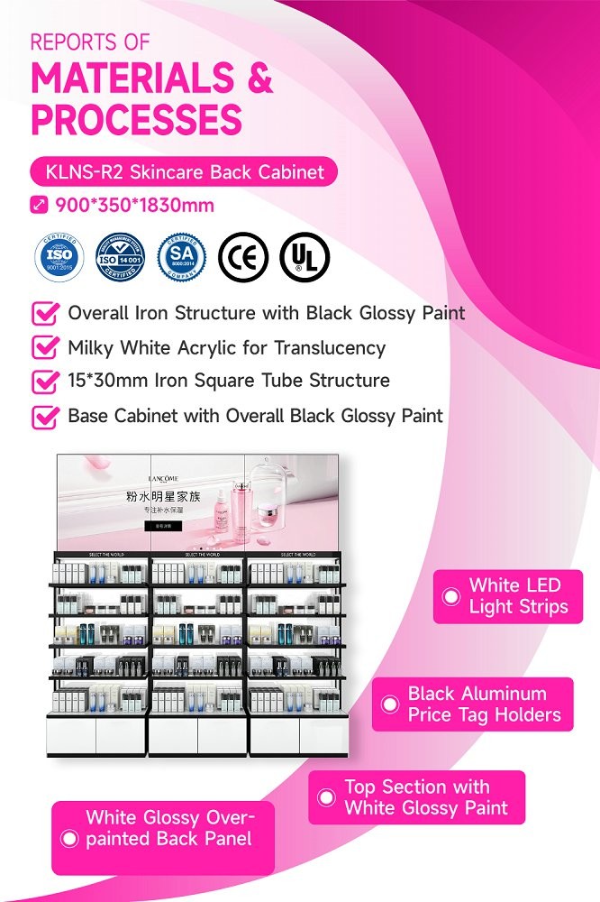 KLNS-R2 Translucent Panels Skincare Display Cabinet with Black Aluminum Slots