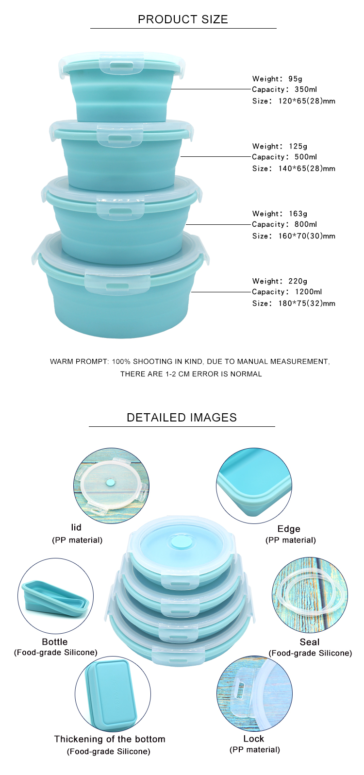 Round 350ml 540ml 800ml 1200ml Silicone Collapsible Lunch Box