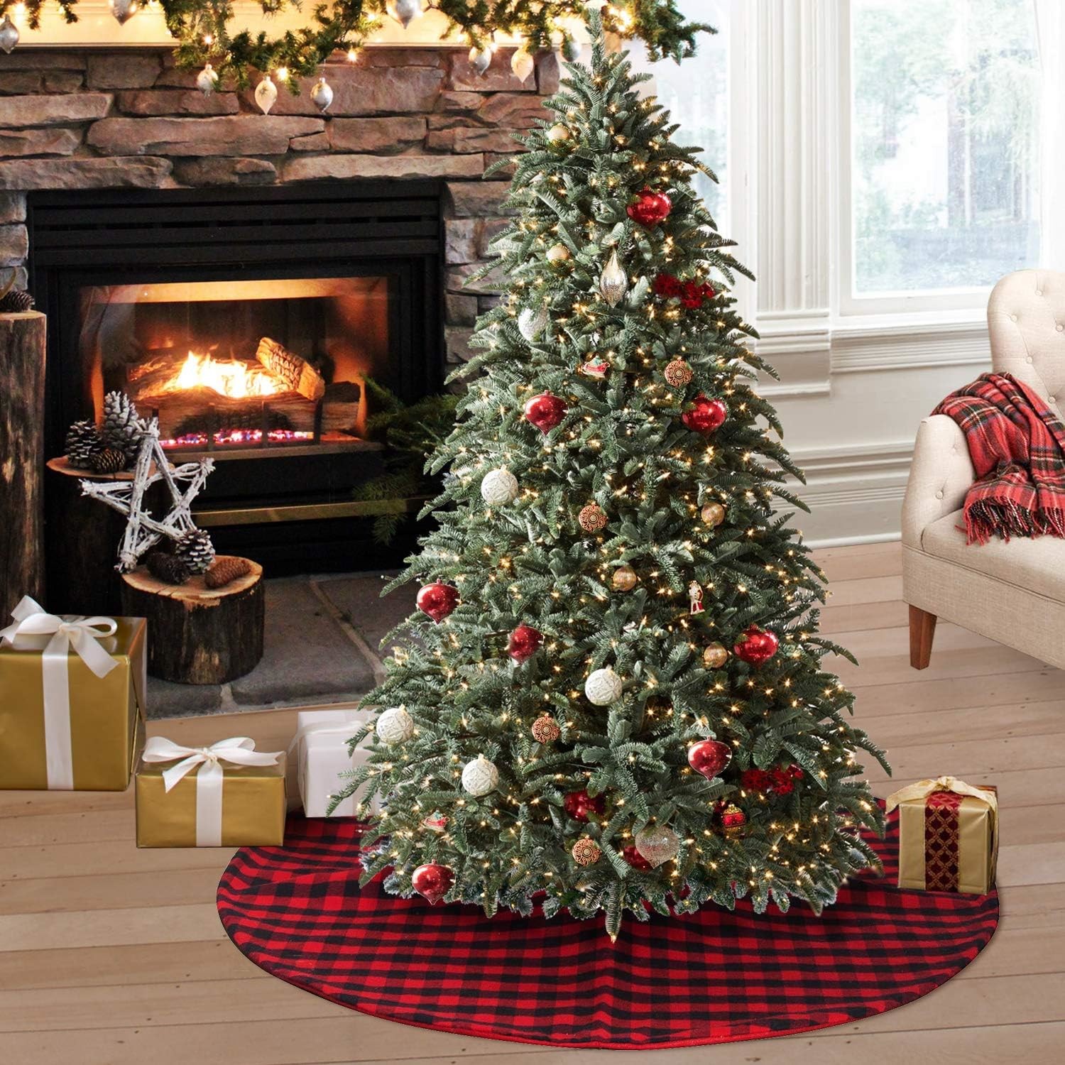 Christmas Tree Skirt Red and Black Plaid Buffalo Double Layers Checked Deco for Holiday Party Mat Xmas Ornaments