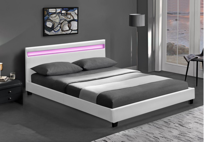Wooden Double LED Upholstered Bed Black White With Headboard Led Lights