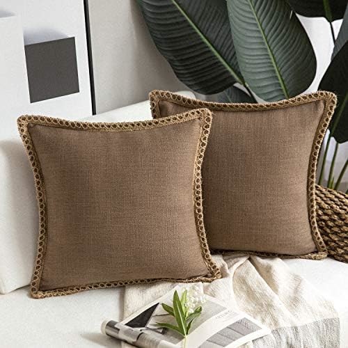 Phantoscope Pack of 2 Farmhouse Decorative Throw Pillow Covers,Solid pattern for home Burlap Linen Trimmed Tailored