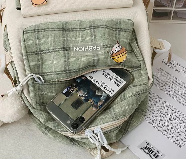 42cm Student School Backpack Sets Lovely Grid Printing 5 Pieces Backpack