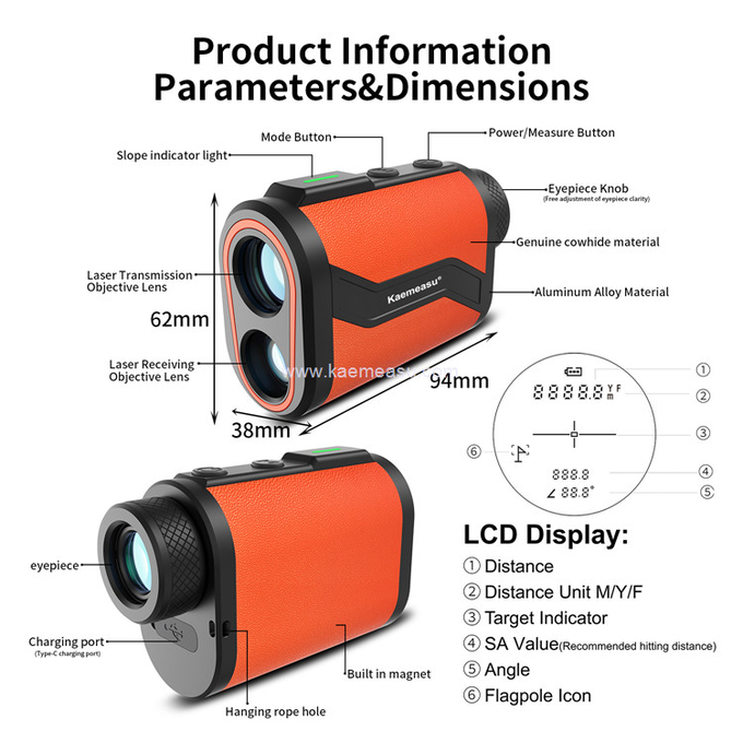 kaemeasu Golf Rangefinder Aliminum Laser Range Finder Rechargeable Distance Meter MAL1000