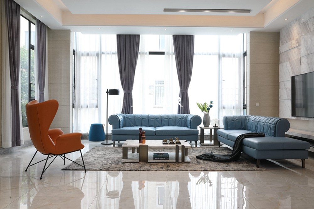 European Blue Fabric Loveseat 3 Seater Couch